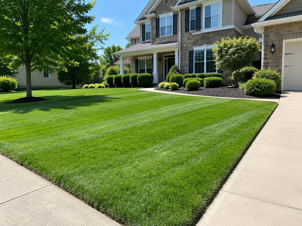 Overgrown patchy front lawn before, and freshly mowed striped lawn after