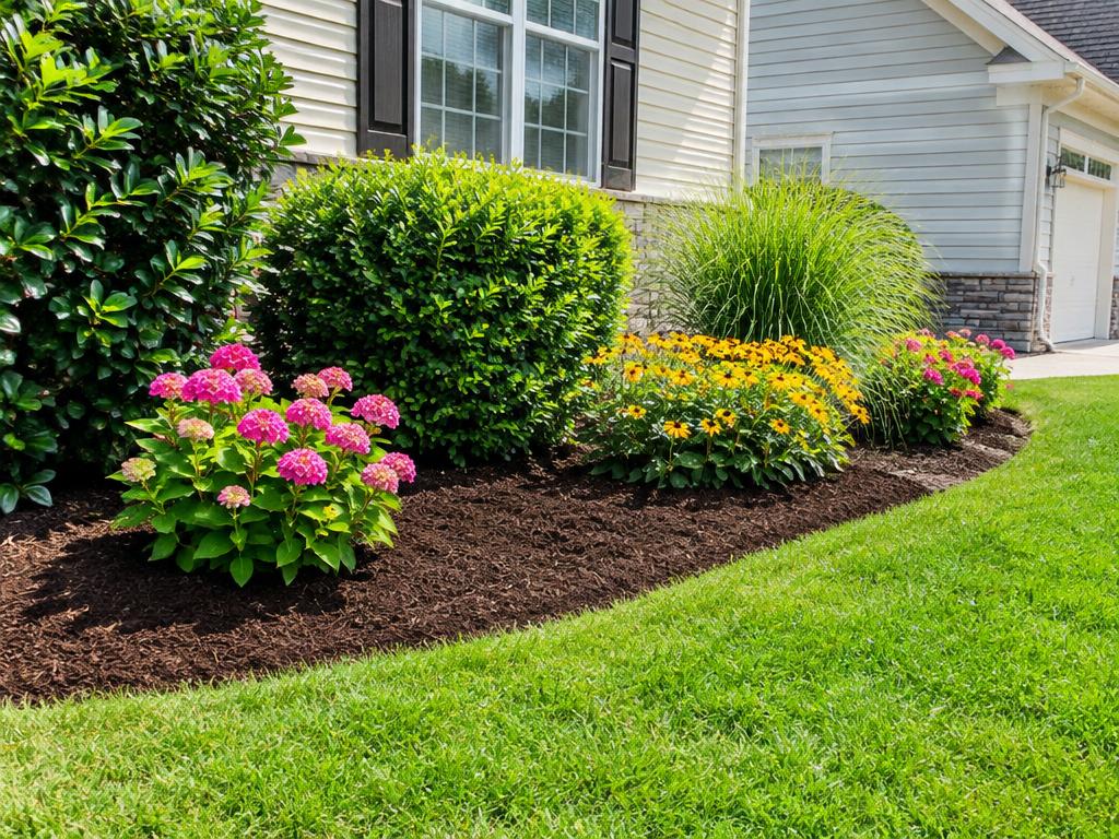 Weedy faded flowerbed before, and freshly mulched bed with trimmed shrubs after