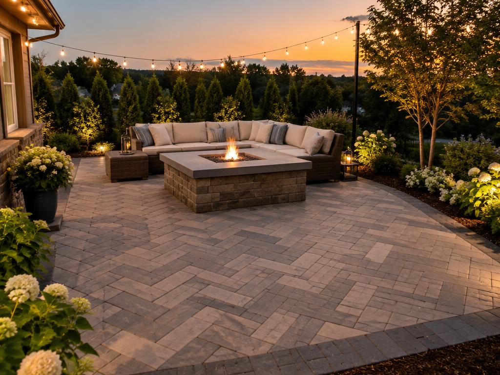 Cracked concrete patio before, and a new paver patio with fire pit at dusk after