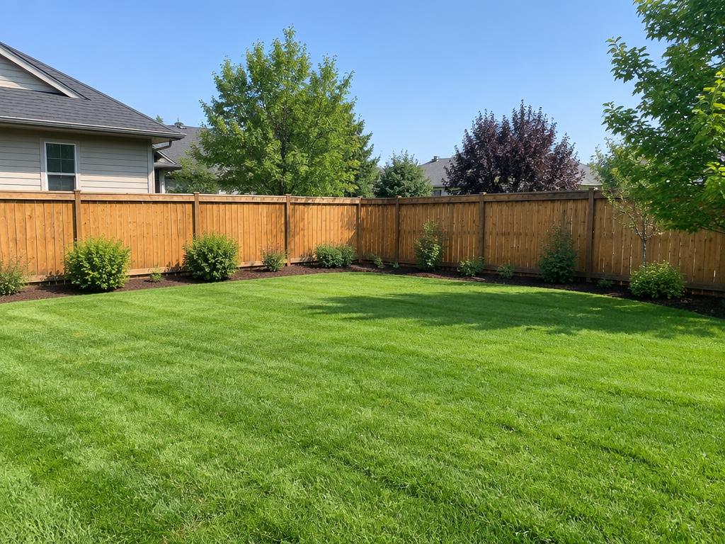 Backyard with a dead leaning tree before, and a clean fenced yard after removal