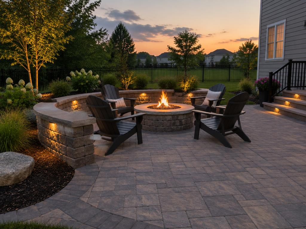 Paver patio with fire pit at dusk