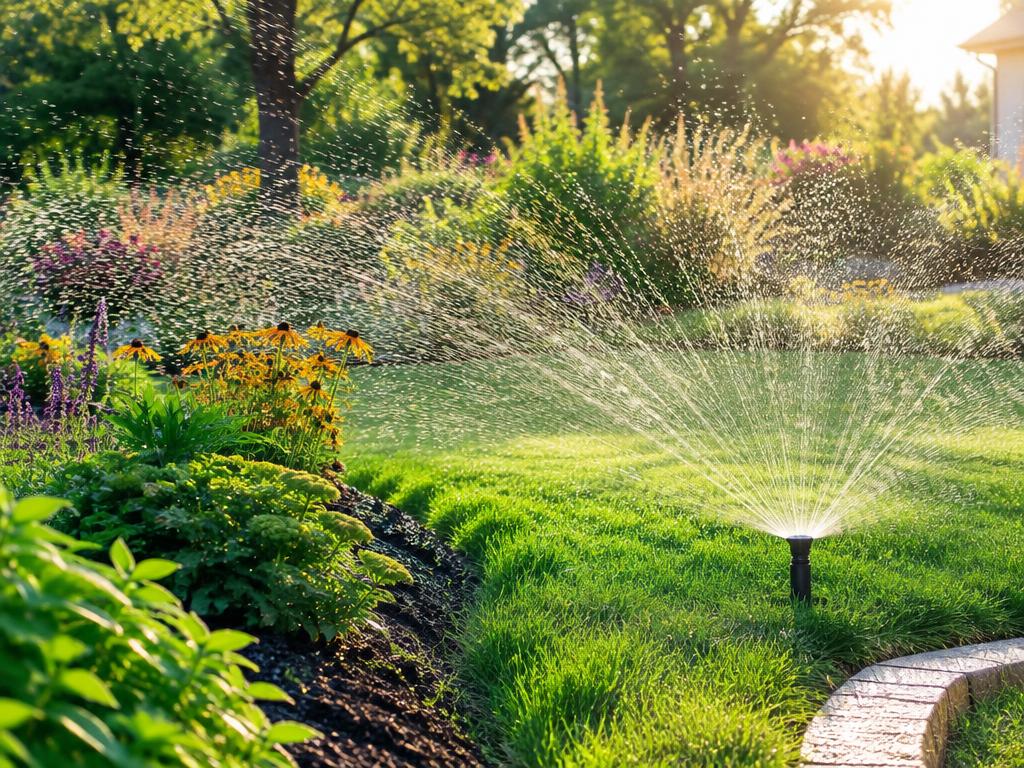 Sprinkler watering a landscaped garden