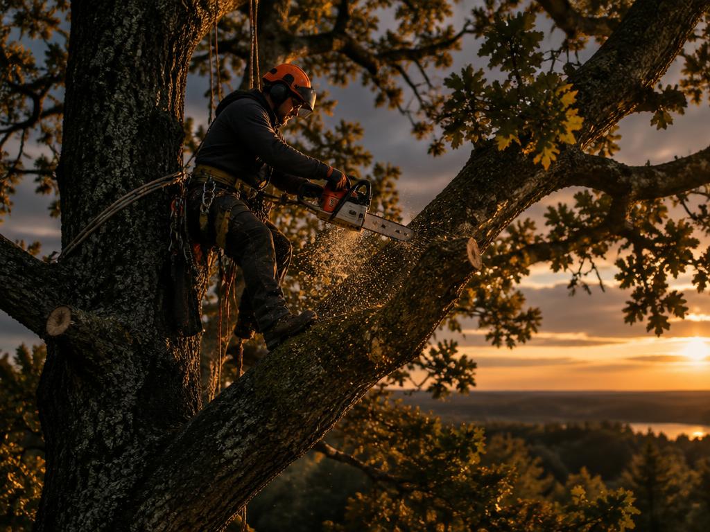 Arborist trimming a large oak tree